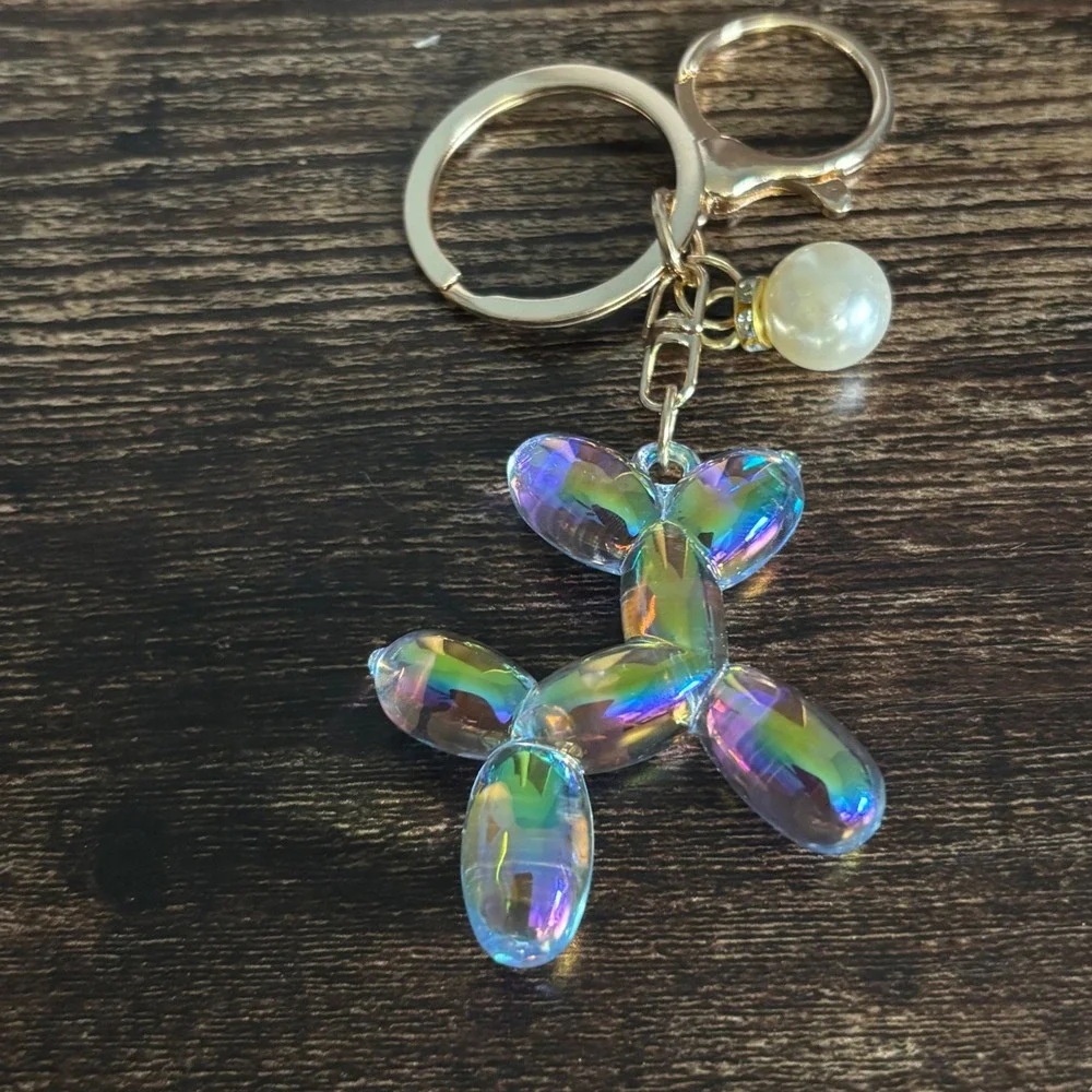 Iridescent Balloon Dog Keychain Gold Tone Bag Charm with Pearl Accent Pop Art